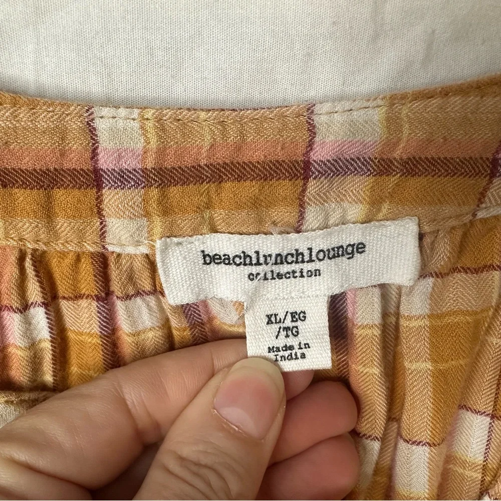 BeachLunchLounge XL Mustard Plaid Blouse Boho Peasant Top - Picture 3 of 6